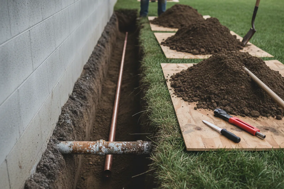 Excavated water line trench during Sewer Line Repair in Carnation